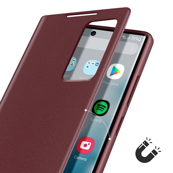 Etui i læder til Galaxy S22 Ultra med vinduesvisning og kortlomme i Bordeaux Röd