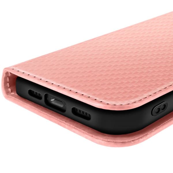 Fodral med lock för iPhone 17e Kolfiberlook med kortfack och ställ i rosa Ros