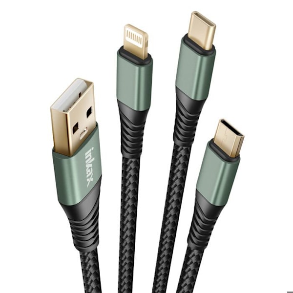 USB 3 in 1 -kaapeli USB-C:hen / Micro-USB:hen / Lightning -punottu 1.2m Inkax Musta Svart