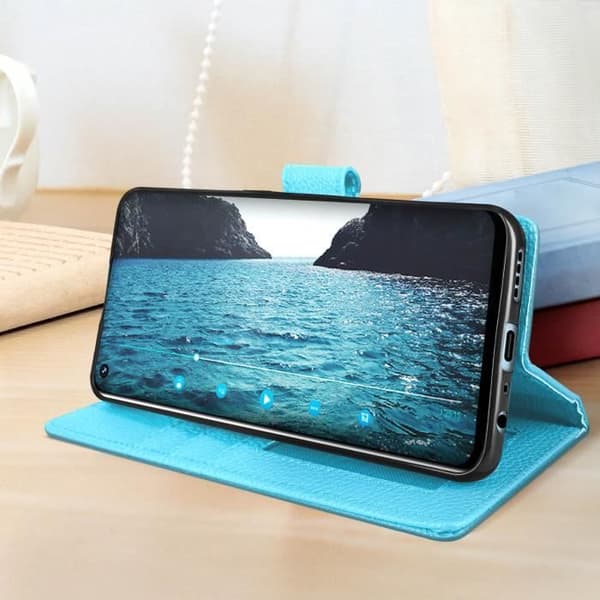 Housse - Realme 9 Pro Plus - Syntetisk læder - Fuld beskyttelse - Støttefunktion Blå