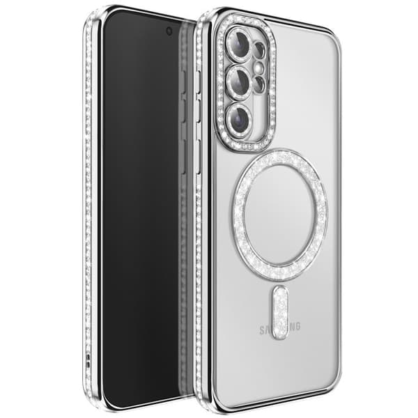 Diamantetui til Galaxy S26 Ultra med magnetisk ring og sølvstrassede kanter Grå