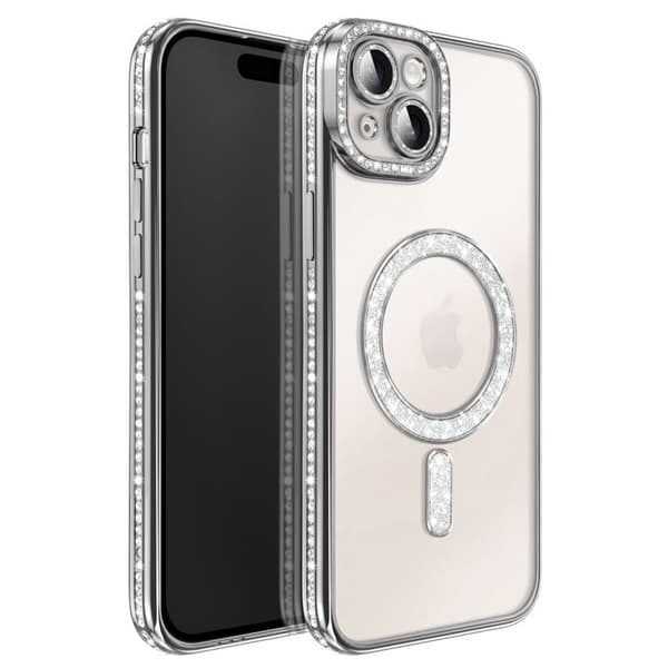 iPhone 15 Plus Cover Kompatibel med MagSafe med Sølv Rhinestone Kant Grå