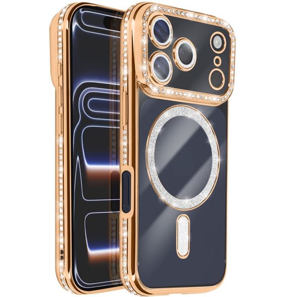 Skydd för iPhone 17 Pro Max - AVIZAR - MagSafe - Guldig kontur - Strass - Elegant skydd Gul