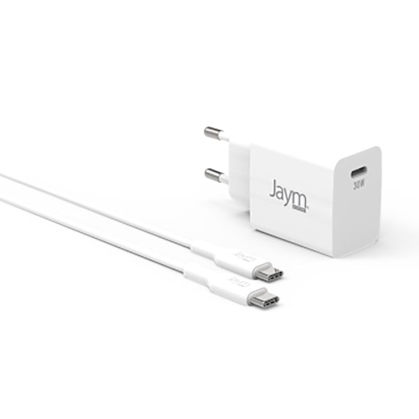 Pakkaus GaN-laturi 30W USB-C USB-C-kaapelilla 2m Nopea Kompakti Jaym Valkoinen Vit