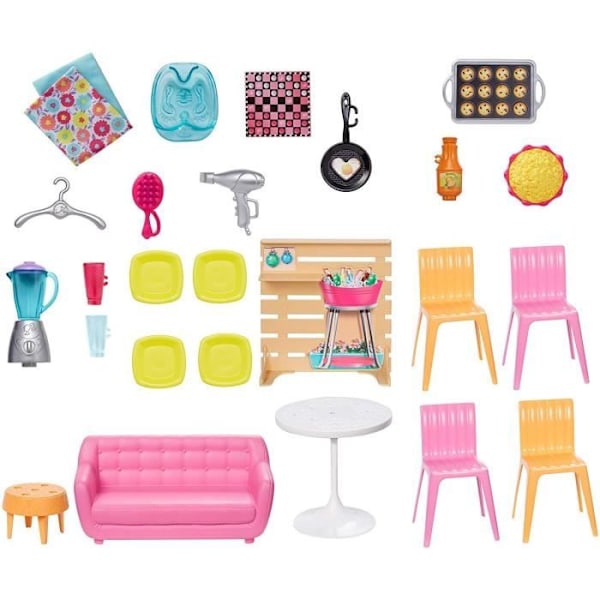 Barbie - Malibu House - 6 huoneen nukketalo 2 kerroksella - Yli 25 asustetta - Alkaen 3 vuotta vanha Vaaleanpunainen