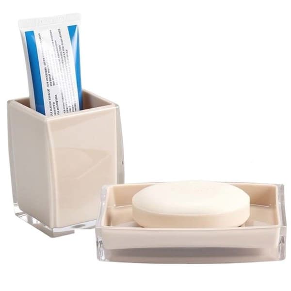 Sæt Badeværelsestilbehør 4 stk. Sæbedispenser, Glas og Sæbeskål Beige