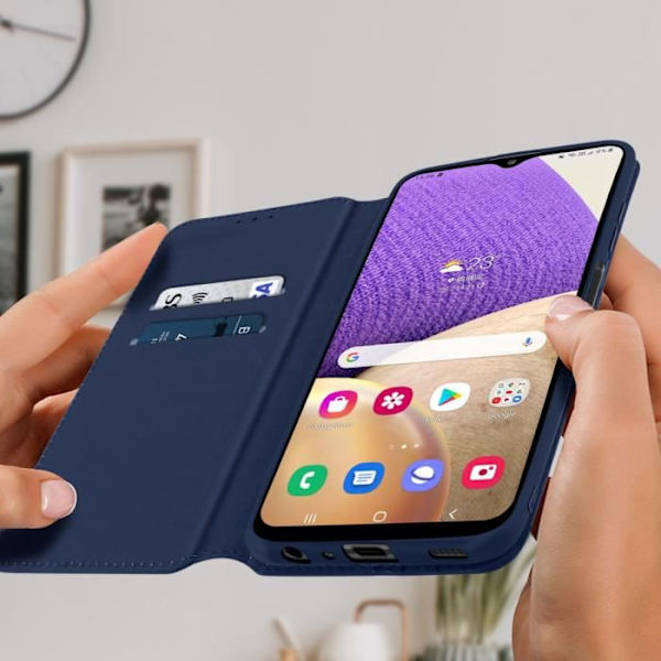 Hus för Samsung Galaxy A32 5G - MÄRKE - Etui i ekoläder - Videostöd - Kortficka - Mörkblå Midnattsblå