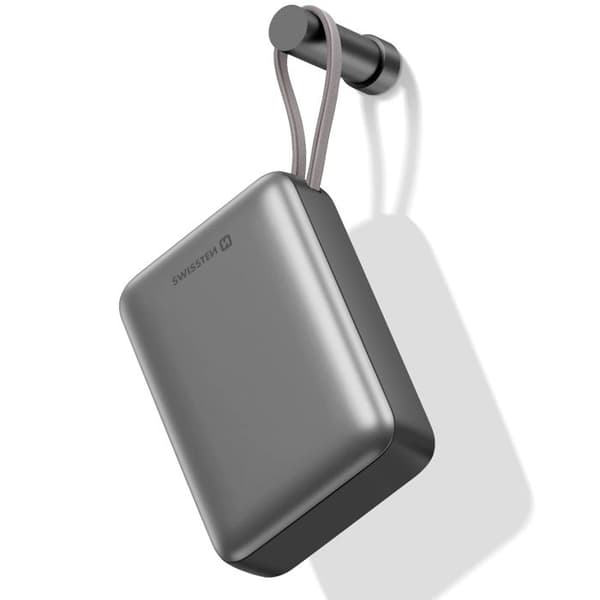 Externbatteri - SWISSTEN - 20000mAh - 45W - Inbyggd USB-C-kabel - Silver Grå