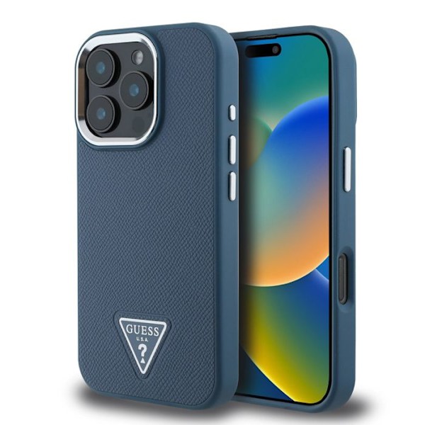 iPhone 16 Pro Max Antishock Kotelo Tekstuurilla ja Triangulaarisella Guess-logolla Sininen Blå