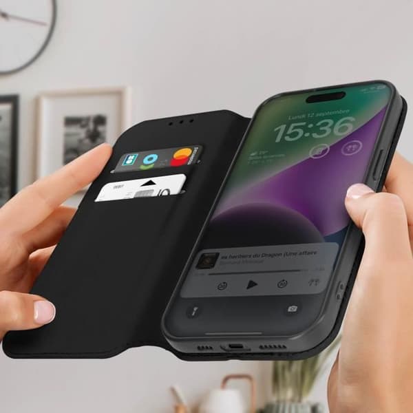 Etui til iPhone 15 - AVIZAR - Kortholder, Video Support, Magnetic Flip - Sort Svart