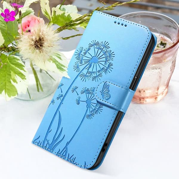 Premium design pungetui til iPhone 17e med blomster og sommerfugl Zanaé lys blå Blå
