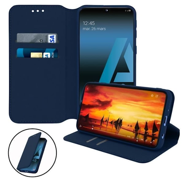 Housse til Samsung Galaxy A40 - AVIZAR - Folio Wallet Cover - Øko-læder - Natsort - Støttefunktion Midnattsblå