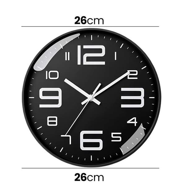 Modern Tyst Väggklocka 26cm Kontrasterande Siffror Svart Sort