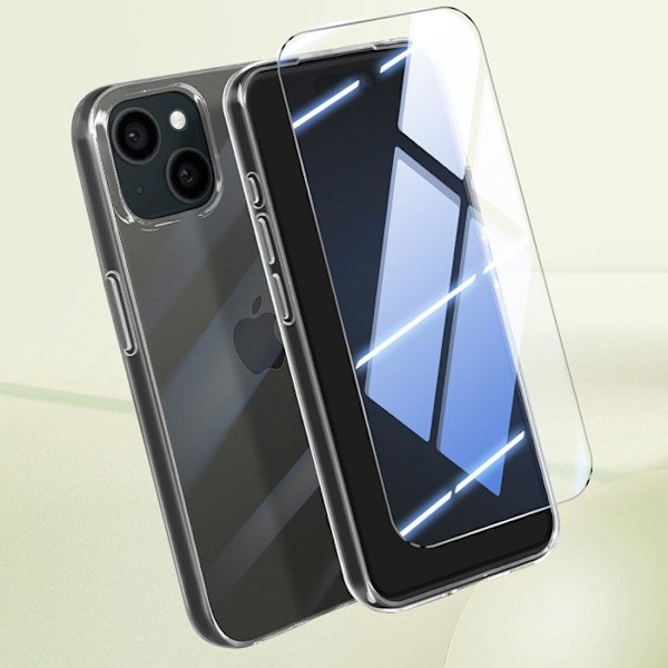 Beskyttelsespakke til iPhone 15 blødt etui og 9H hærdet glas Mayaxess Transparent Transparent