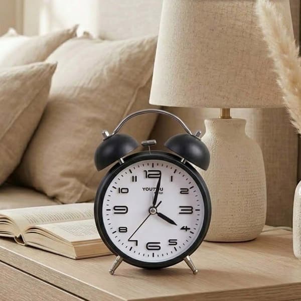 Bordsklocka 12cm för Sovrum Rund Format Dubbel Klocka Elegant Svart Svart