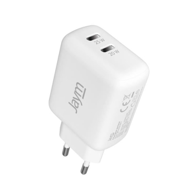 Dual USB-C 45W 3A PD og PPS Hurtigstrømoplader Jaym Hvid Vit