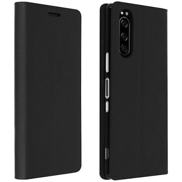 Folio-etui - AVIZAR - Sony Xperia 5 - Ægte Læder - Videostøtte - 3 Kortlommer Svart