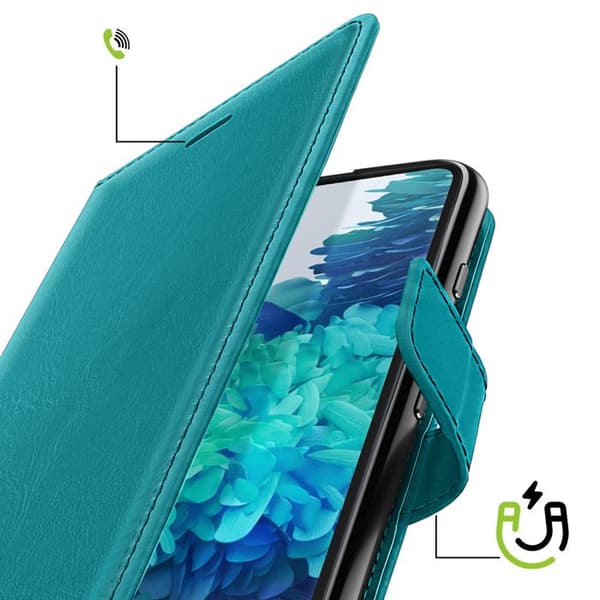 Plånboksfodral för Galaxy S20 FE med videostöd och handledsrem Mayaxess Turkos Blå