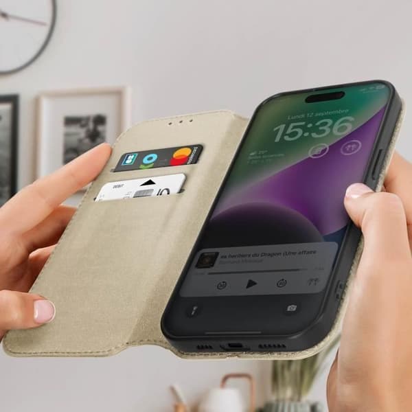 Etui til iPhone 15 - AVIZAR - Kortholder, Video Support, Magnetic Flip - Gul - Rigid Gul