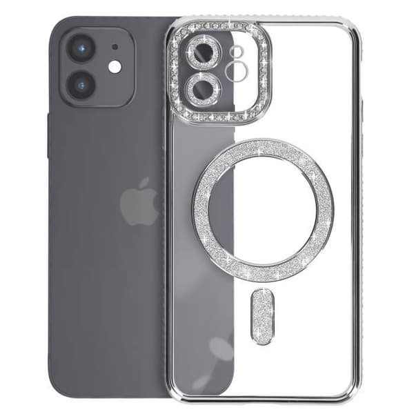 Kuori - ILMOITA - iPhone 12 - Strass Hopea - Kovaa - Läpinäkyvä Takakansi Grå