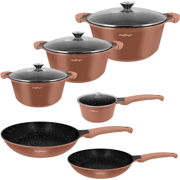 Keittiösetti 10 Osaa 3 Kattilaa/2 Paistinpannua/1 Kekomatti Soft-Touch Kahva Cheffinger Ruskea
