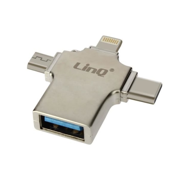 LinQ Silver 3-i-1 Lightning, USB-C och Micro-USB till kompakt USB OTG-adapter