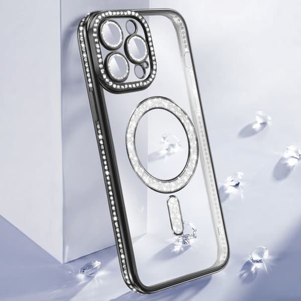 iPhone 14 Pro Max Cover Kompatibel med MagSafe med Sort Rhinestone Kant Svart