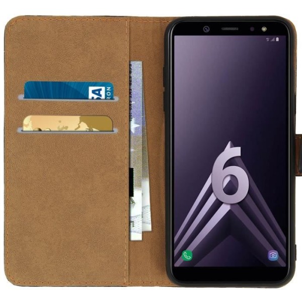 Plånboksfodral - AVIZAR - Samsung Galaxy A6 - Äkta läder - Fullständigt skydd - Svart Svart