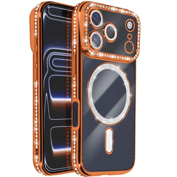 iPhone 17 Pro Max Etui Kompatibel med MagSafe med Orange Rhinestone Kant Apelsin
