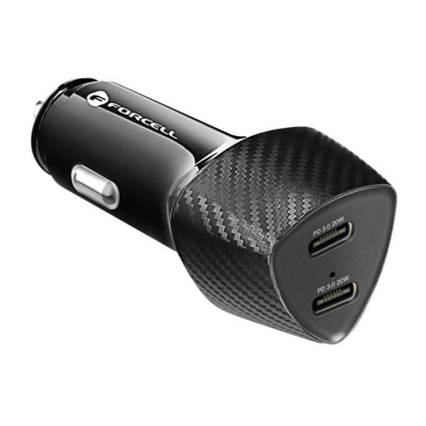 Oplader til bil - Forcell - Dobbelt USB-C - 40W Power Delivery - Carbon Design - Hurtigopladning Svart
