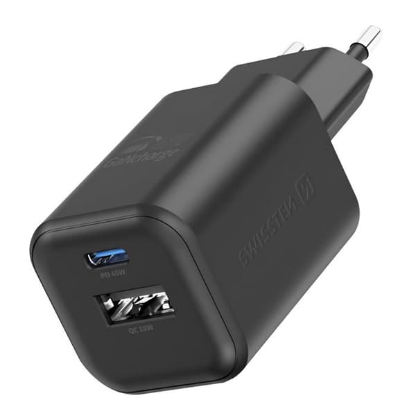 USB-C 45W / USB-A 18W GaN PD / QC Swissten Sort Strømforsyning Svart