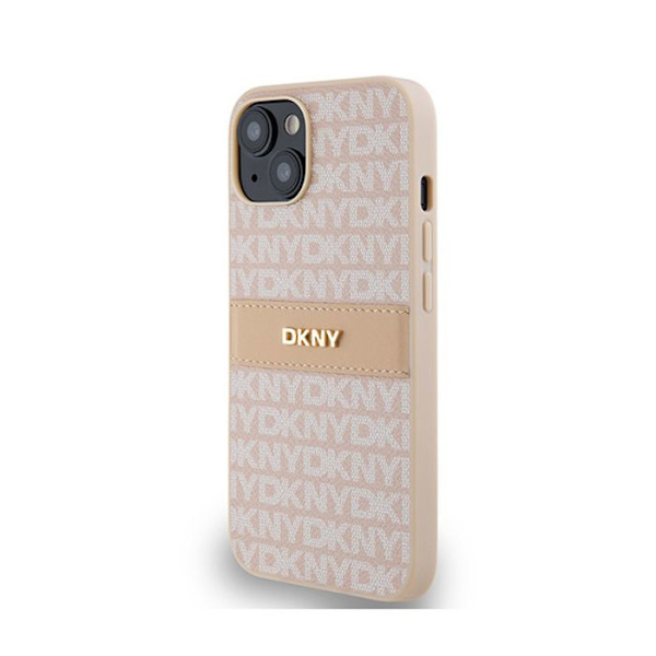 Coque til iPhone 14 – DKNY i læder med monokrome striber og metal logo (DKHCP14SPRTHSLP) – Rosa rosa