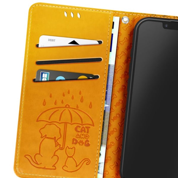 Hus för iPhone 16e Design Katt och Hund Flip Plånbok Gul Gul