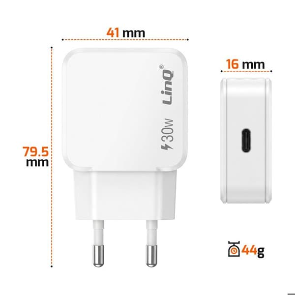 Universell USB-C 30W strömadapter Power Delivery Ultra Snabb Laddning LinQ Vit Vit