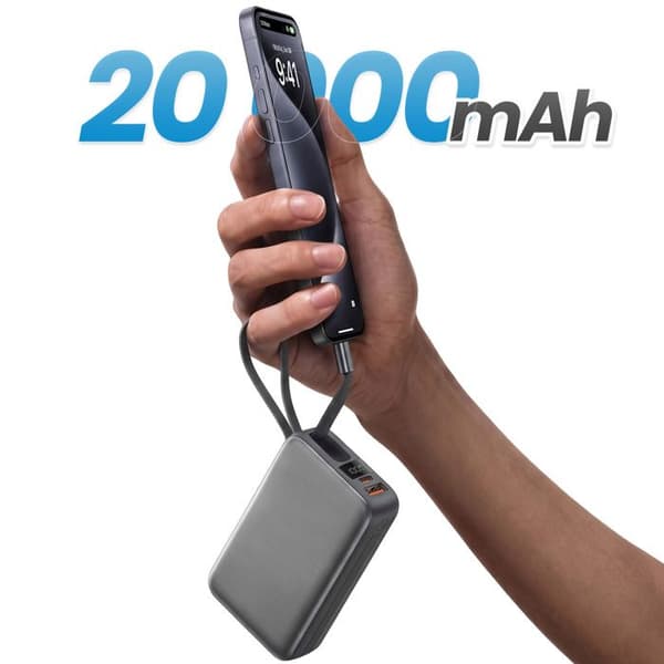 PowerBank 20000mAh 22.5W USB-C / USB-A med USB-C / Lightning Kabel Håndledsrem Akashi Grå Grå