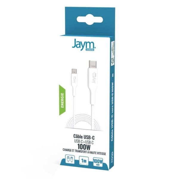 Lade- og synkroniseringskabel USB-C til USB-C PD 3.0 100W 1m Jaym Hvid Vit