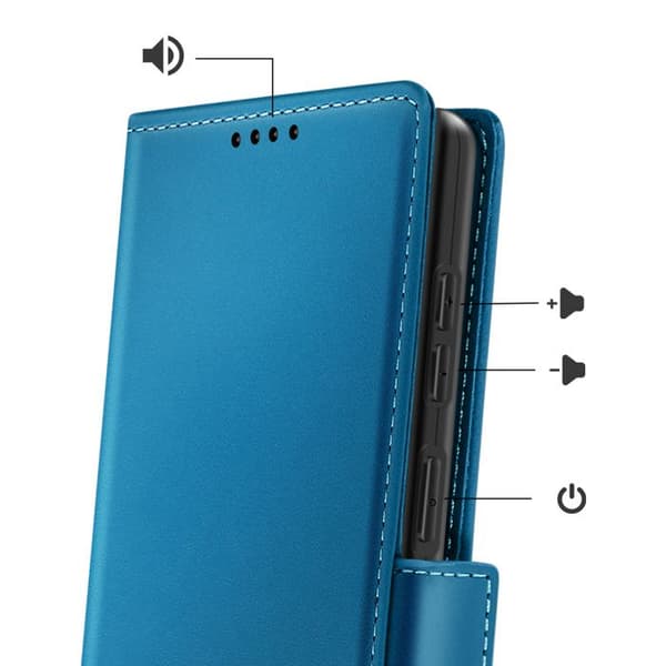 Plånboksfodral för Galaxy S26, sydd läderlook med blå handledsrem Blå