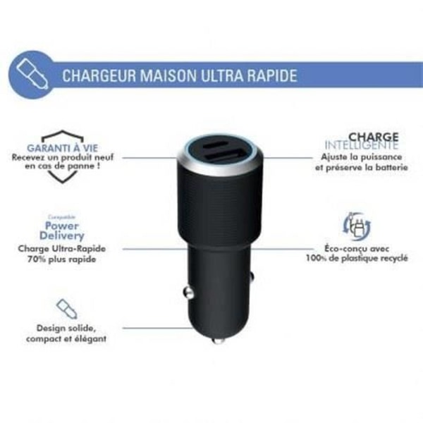 Biloplader - Force Power Lite - Dobbeltoplader 37W - USB C 25W - USB A 12W - Hurtigopladning Svart