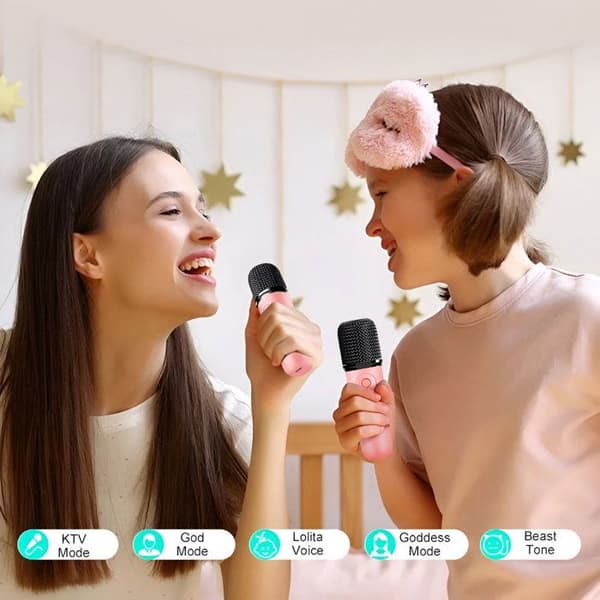 Karaoke højttaler - AVIZAR - Bluetooth - 2 mikrofoner - RGB LED lys - Lyserød Ros