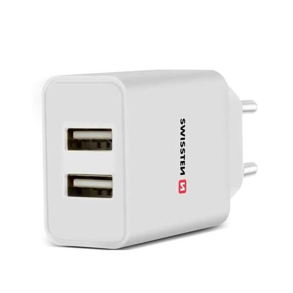Dobbelt USB 2.1A Smart IC-netoplader + Swissten USB-C-kabel Hvid