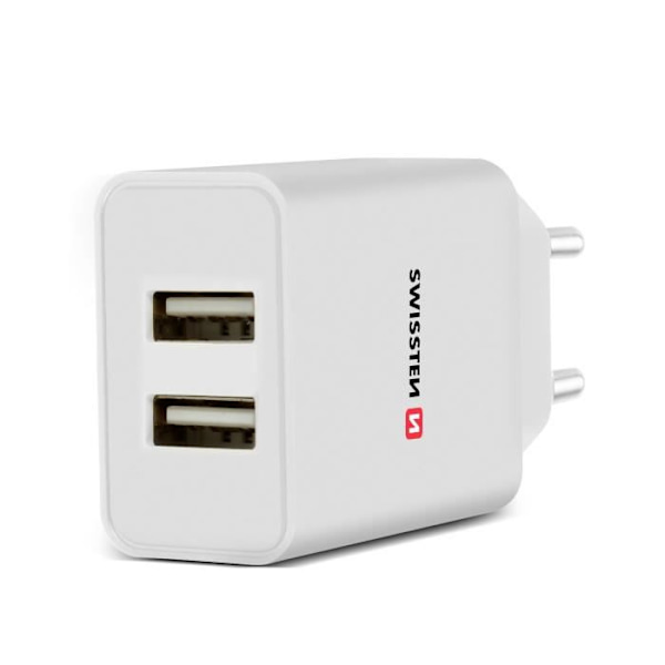 Dubbel USB 2.1A Smart IC-nätladdare + Swissten USB-C-kabel Vit