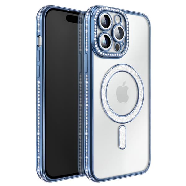 iPhone 14 Pro Max MagSafe-yhteensopiva kuori sinisellä strassireunalla Blå