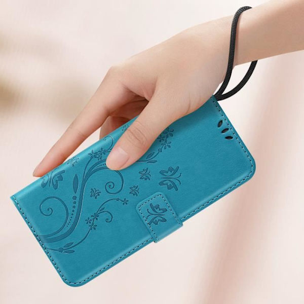 Suojakuori Samsung Galaxy A55 Wallet Flower Butterflylle rannehihnalla vaaleansininen