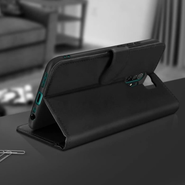 Étui Folio - AVIZAR - Xiaomi Redmi 9 - Øko-læder Sort - 3 Kortlommer - Støttefunktion Svart