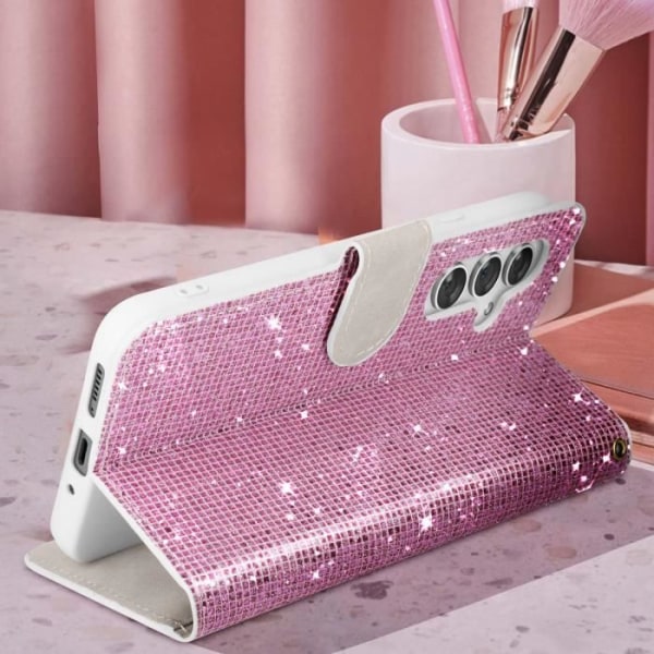 Suojakuori Samsung Galaxy A54 5G Glitter Disco Wallet Video Support Pink Rosa