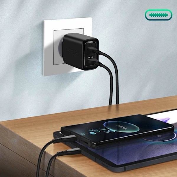 USB / USB-C Verkkolaturin 20W PD QC 3.0 Akashi Musta USB-C-kaapelilla