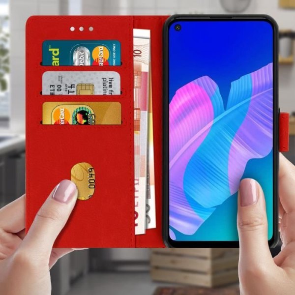 Huawei P40 Lite E Fodral Full Folio Cover Korthållare Stativ Funktion Röd