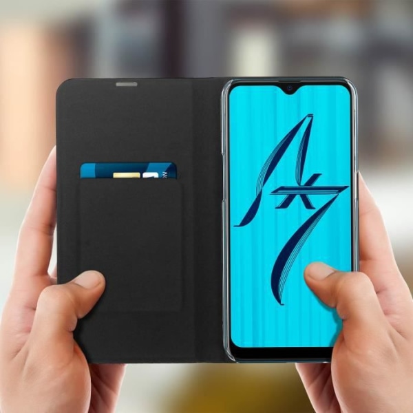Oppo AX7 fodral - BIGBEN - Korsformad effekt - Korthållare - Stativfunktion - Svart eko-läder Svart