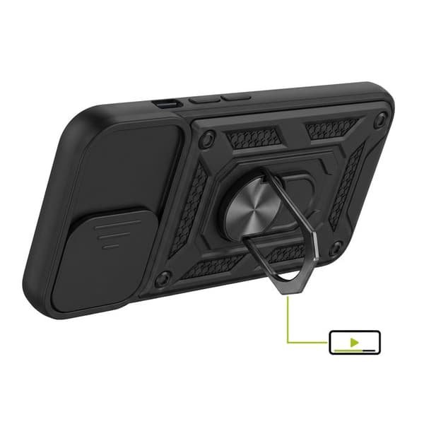 iPhone 14 cover med skydelåg til objektiv og magnetisk støtte-ring Mayaxess sort Svart