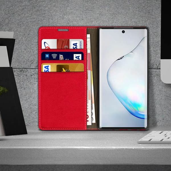 Galaxy Note 10 Plus Folio aito nahkakotelo korttipidikkeellä ja videotukitoiminnolla punainen Röd